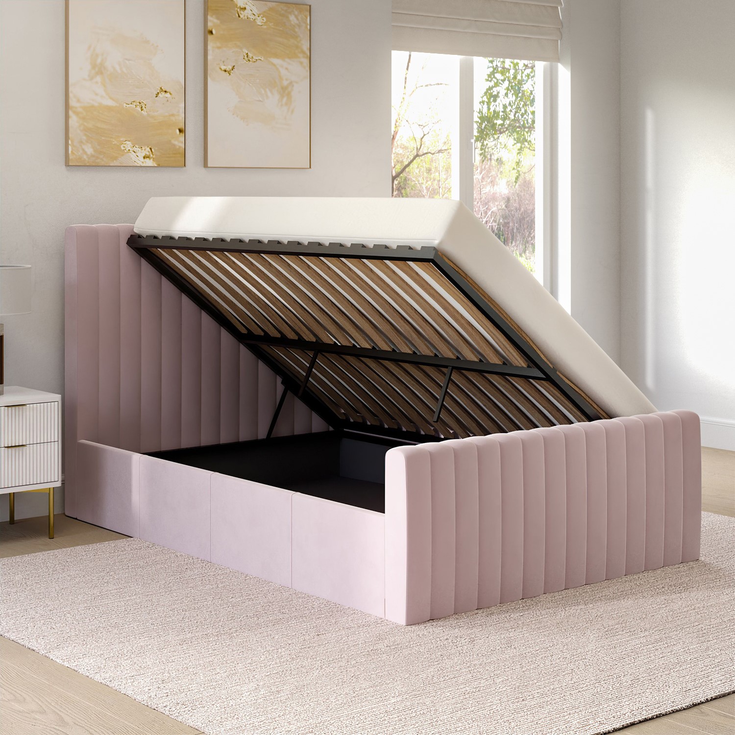 Read more about Side opening pink velvet double ottoman bed khloe